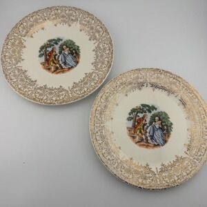 Sebring Pottery Chantilly 22K Gold Filigree Courting Couple Plates Set of 2